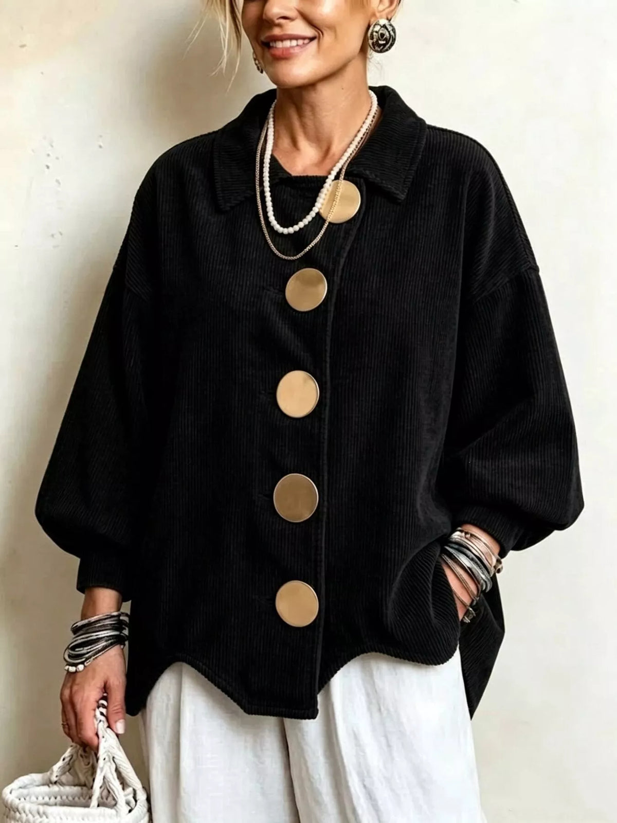 full size corduroy button-down jacket plus | dropsona - neutral - close-up detail