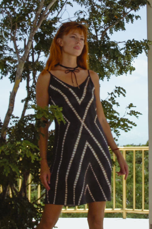 vela silk slip dress in striped shibori – go from day | dropsona - neutral - size reference