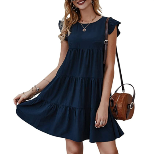 womens flowy dress with cap sleeves – this round neck | dropsona - neutral - material texture