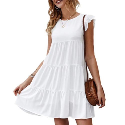 womens flowy dress with cap sleeves – this round neck | dropsona - neutral - usage example