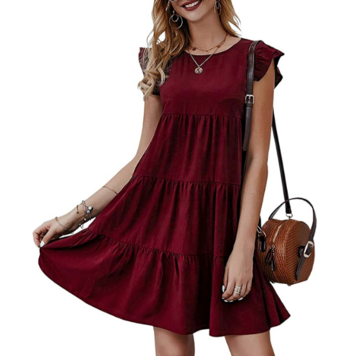 womens flowy dress with cap sleeves – this round neck | dropsona - neutral - front view