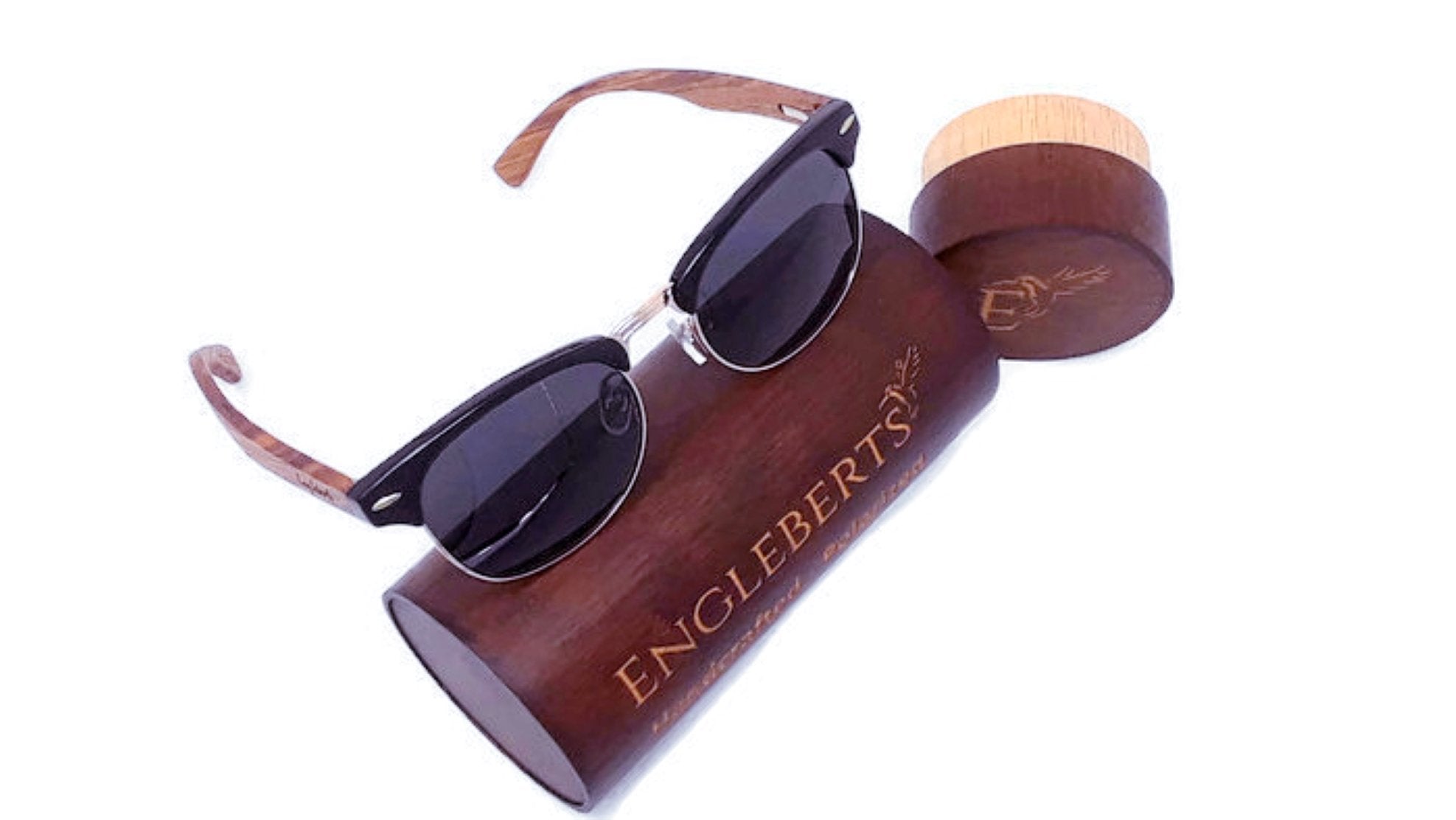 real walnut wood club style sunglasses with bamboo cas | dropsona - neutral - close-up detail