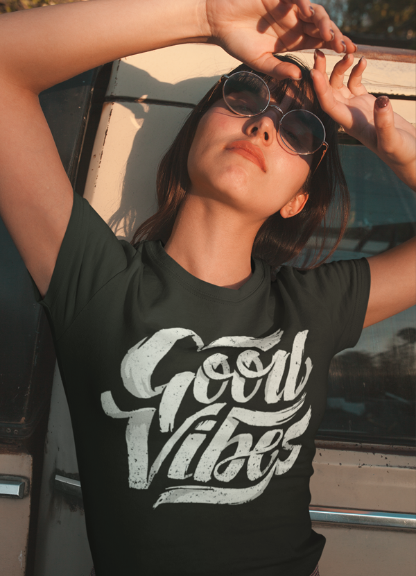 good vibes women t-shirt – shop cool t-shirts designed | dropsona - neutral - front view