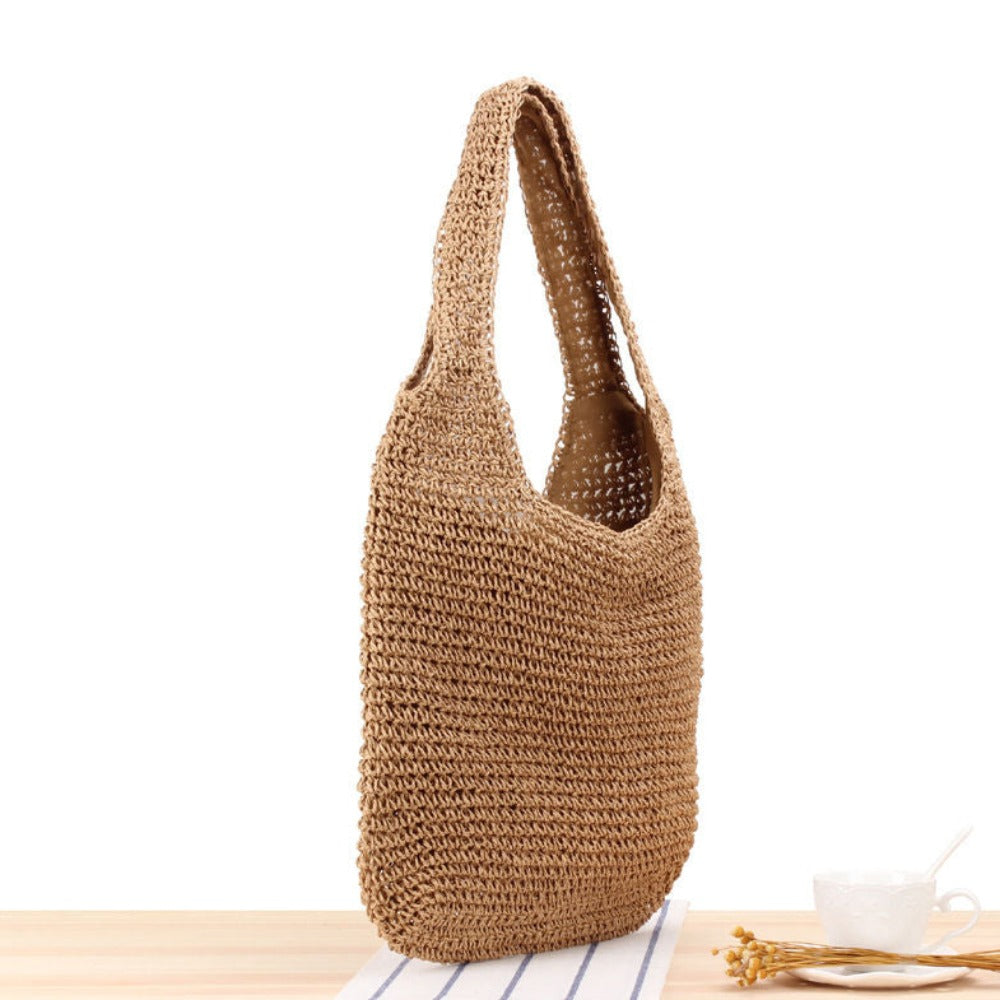 casual summer shoulder beach bag – prepare for the sum | dropsona - neutral - close-up detail