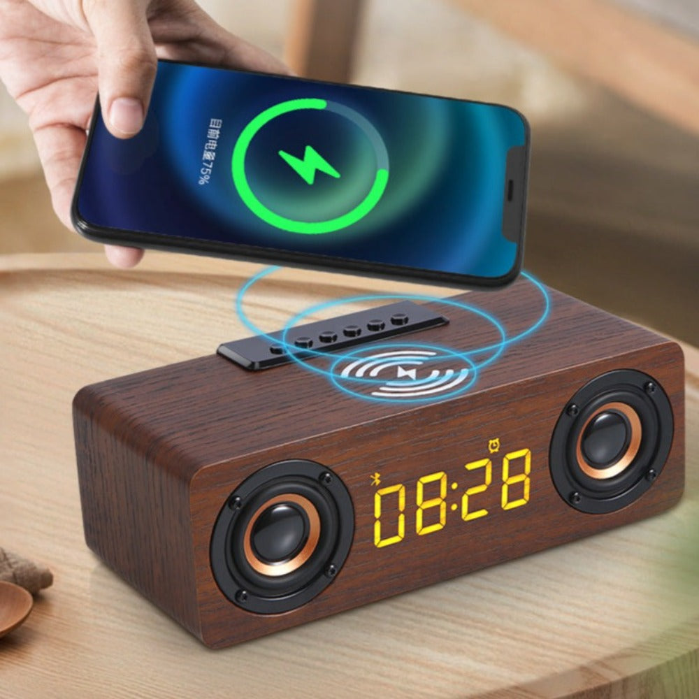 wooden retro theme wireless charger bluetooth speaker | dropsona - neutral - usage example