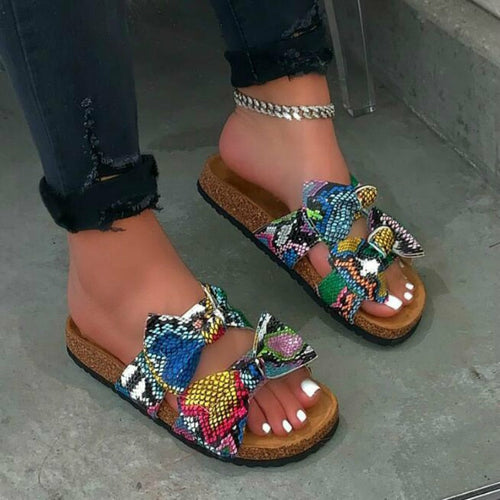 women slides 2 straps comfy bow slide sandals snake | dropsona - neutral - front view