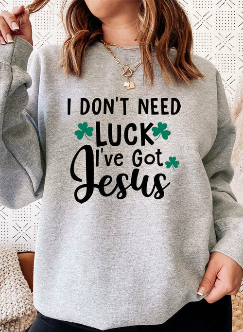 i dont need luck ive got jesus sweat shirt – shop cool | dropsona - neutral - close-up detail
