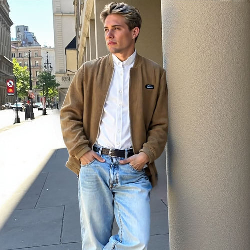 mens round collar winter zipped up elbow patch jacket | dropsona - neutral - size reference