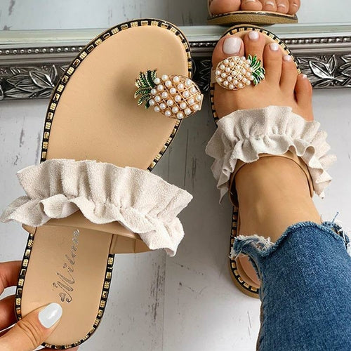 2021 summer beach pineapple flat slippers outside slid | dropsona - neutral - front view