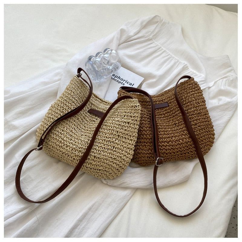 casual summer shoulder straw bag – the s | dropsona - neutral - front view