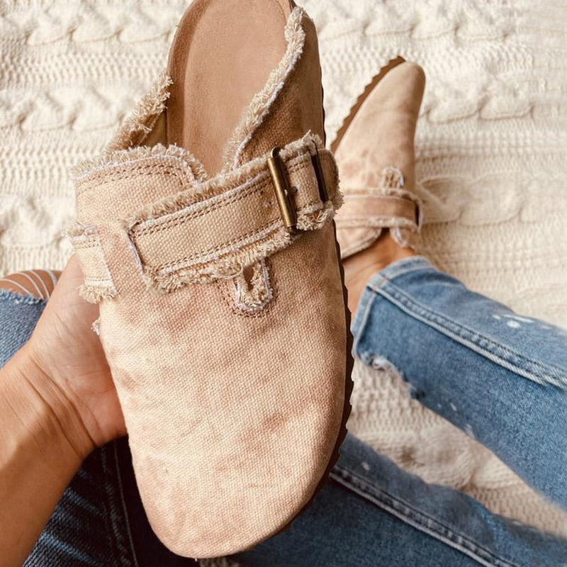 flat heel round toe canvas loafer women's vintage clog | dropsona - neutral - everyday use