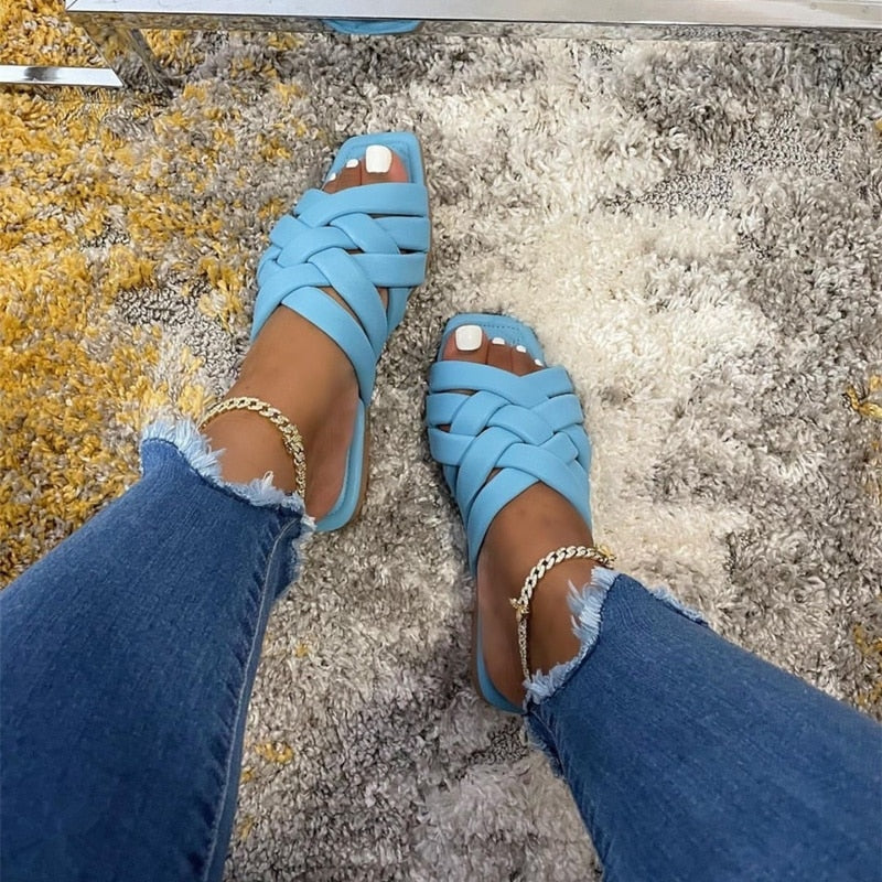 summer casual outdoor leather flat women slippers blue | dropsona - neutral - everyday use