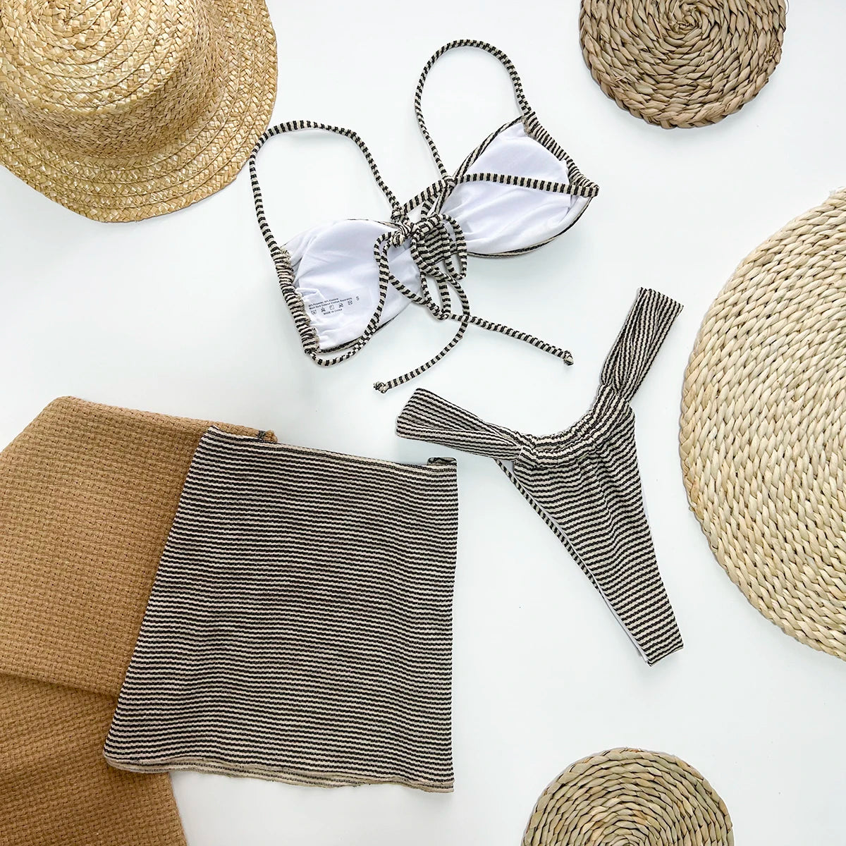 melia three piece vacation swimsuit with cover up – di | dropsona - neutral - close-up detail