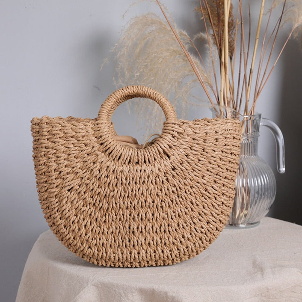 summer top handle semi circle straw bag – set yourself | dropsona - neutral - close-up detail