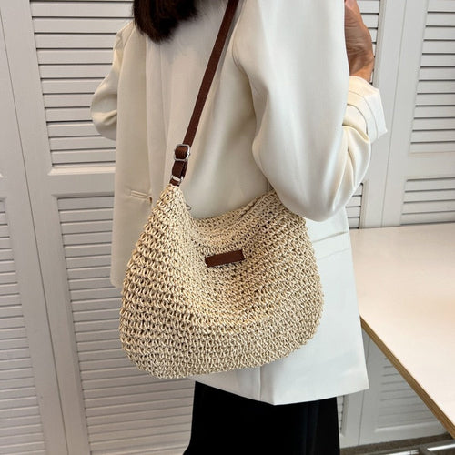casual summer shoulder straw bag – the s | dropsona - neutral - front view