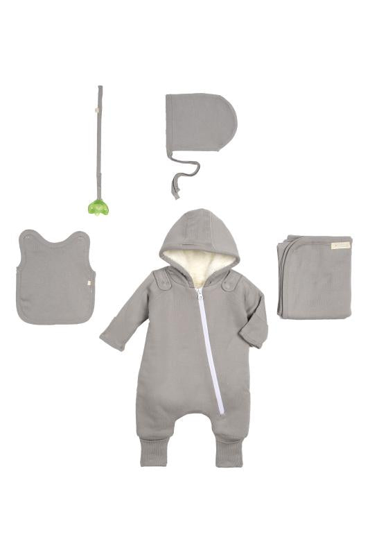 smart cuddly jumpsuit + bib - gray – super soft and co | dropsona - neutral - close-up detail