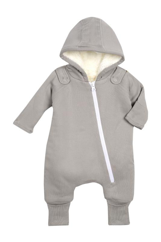 smart cuddly jumpsuit + bib - gray – super soft and co | dropsona - neutral - front view