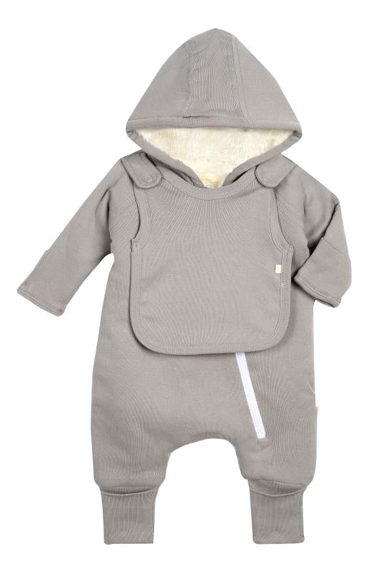 smart cuddly jumpsuit + bib - gray – super soft and co | dropsona - neutral - everyday use