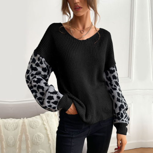 womens v neck sweater with leopard print sleeves – wom | dropsona - neutral - front view