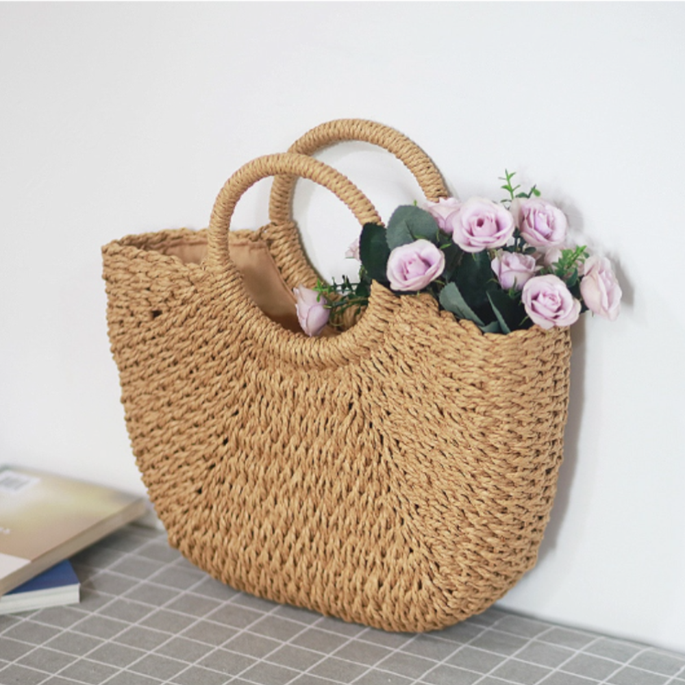 summer top handle semi circle straw bag – set yourself | dropsona - neutral - front view