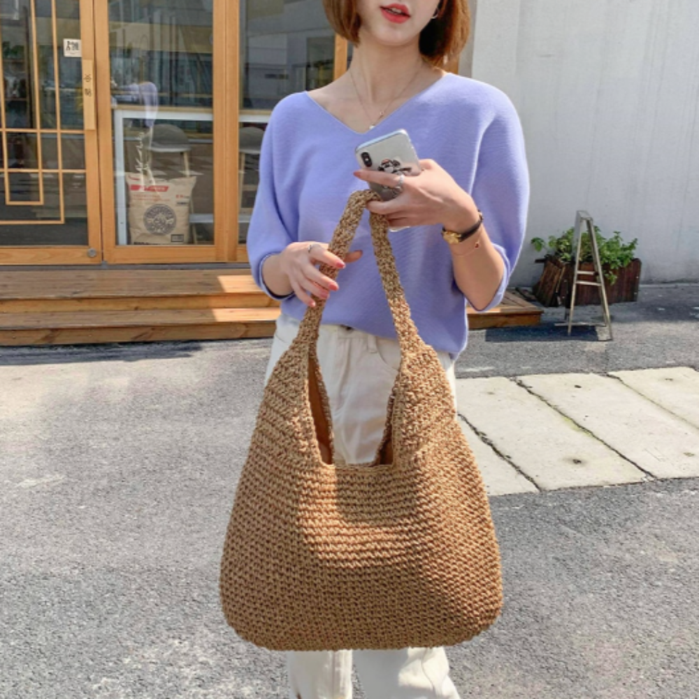summer shoulder straw tote – make your even mor | dropsona - neutral - front view
