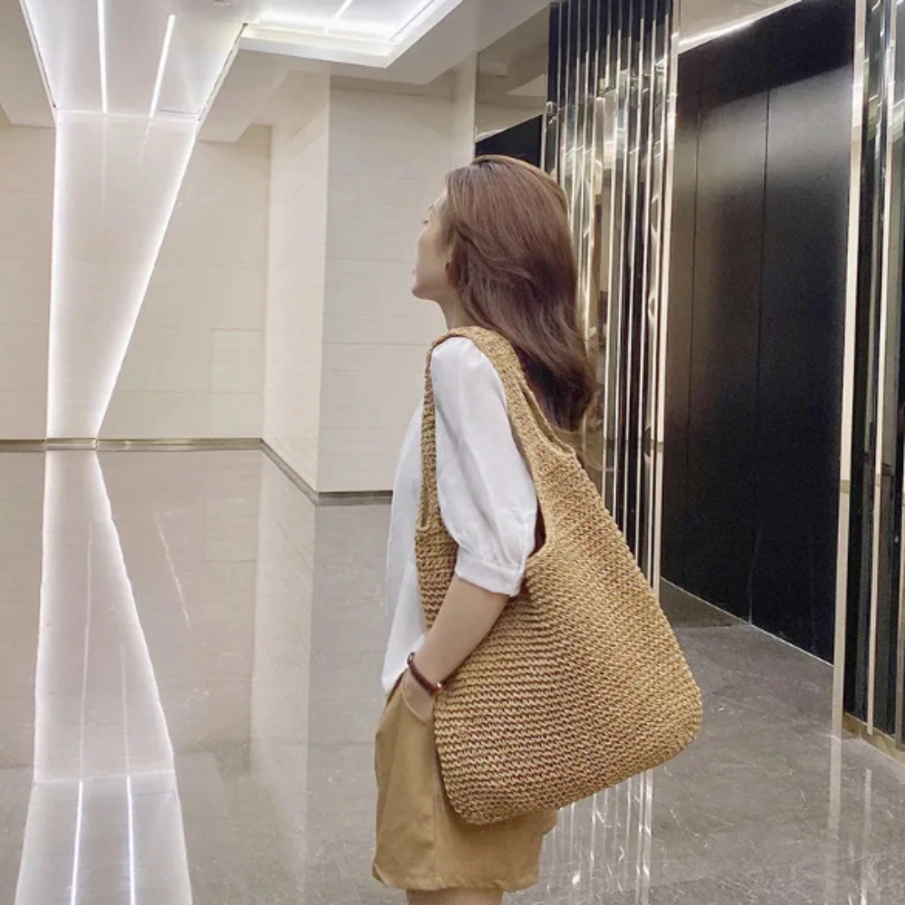 casual summer shoulder beach bag – prepare for the sum | dropsona - neutral - close-up detail