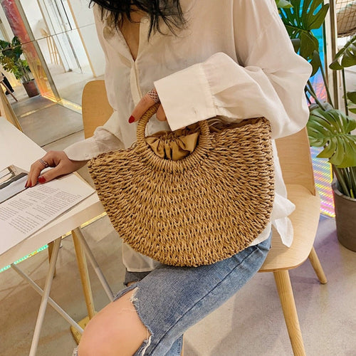 summer top handle semi circle straw bag – set yourself | dropsona - neutral - usage example