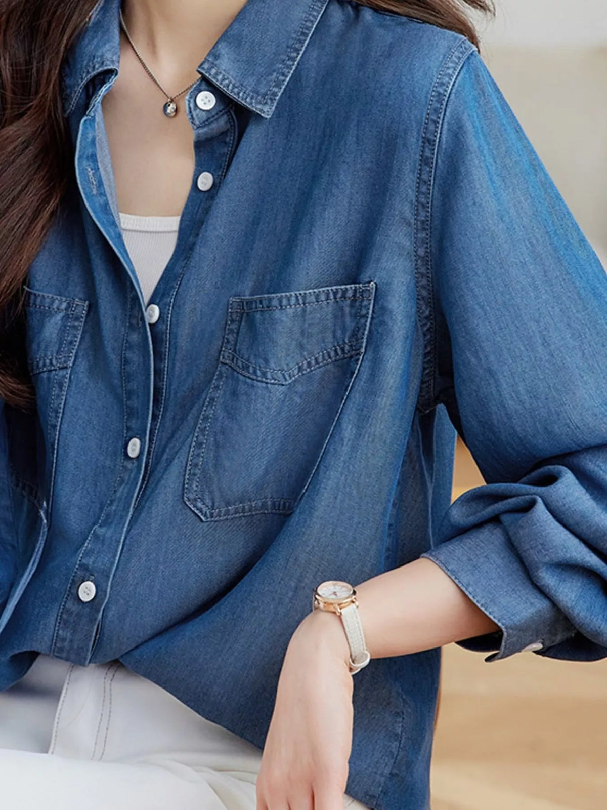 button-down denim shirt with dual chest pockets | dropsona - neutral - material texture