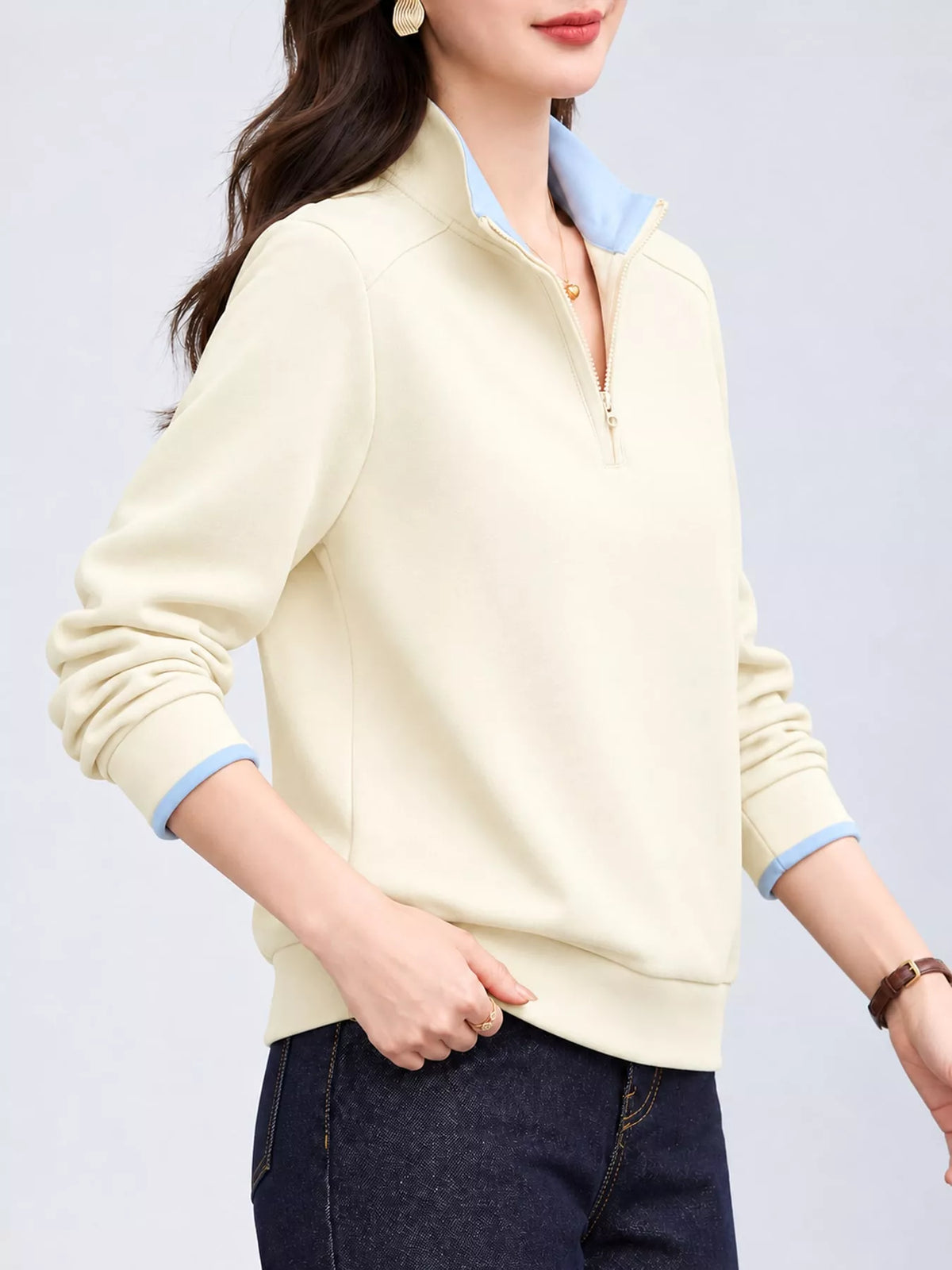 plus size quarter-zip sweatshirt with contrast collar | dropsona - neutral - close-up detail
