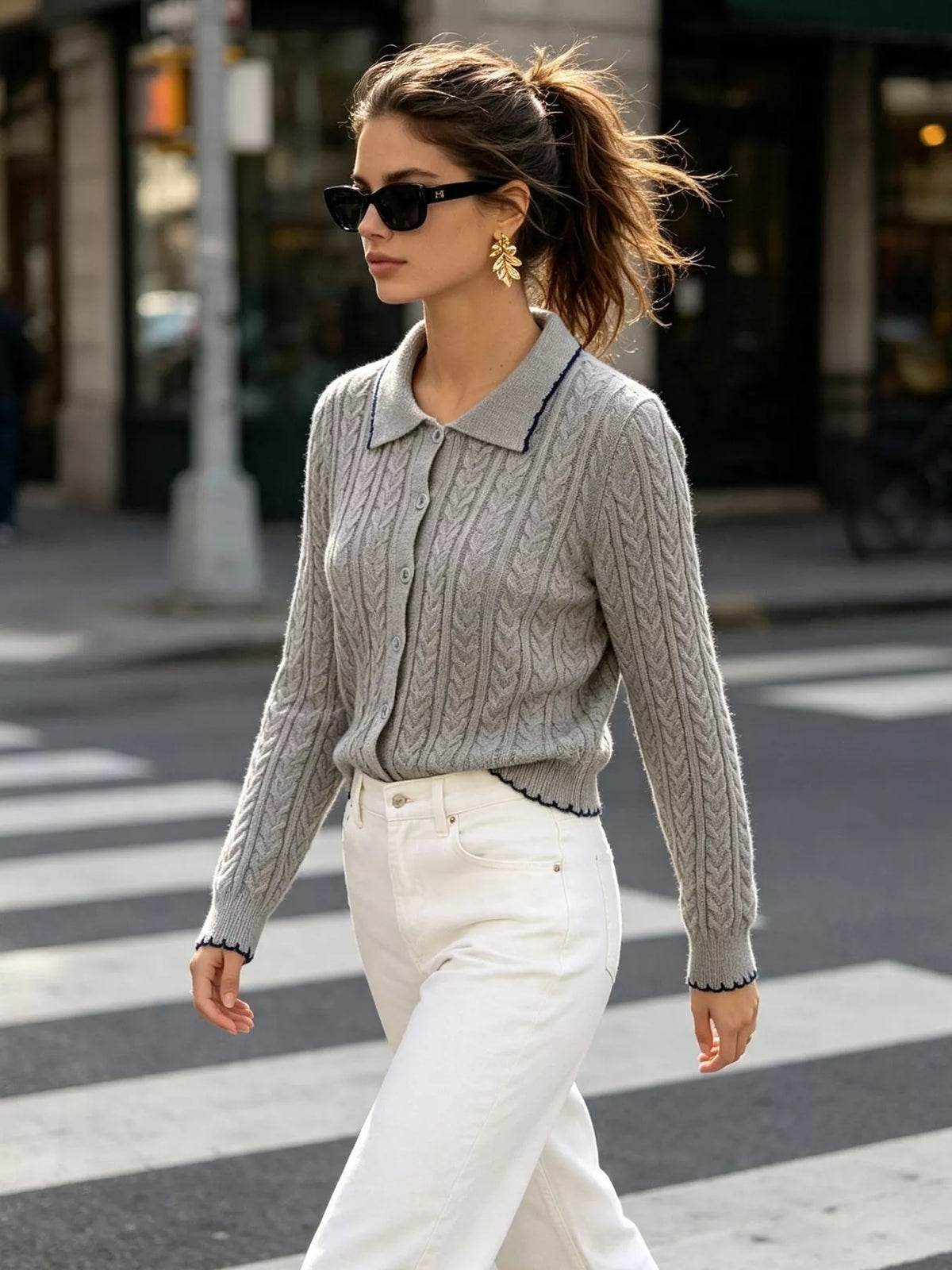 cable knit polo collar button-up cardigan | dropsona - neutral - material texture