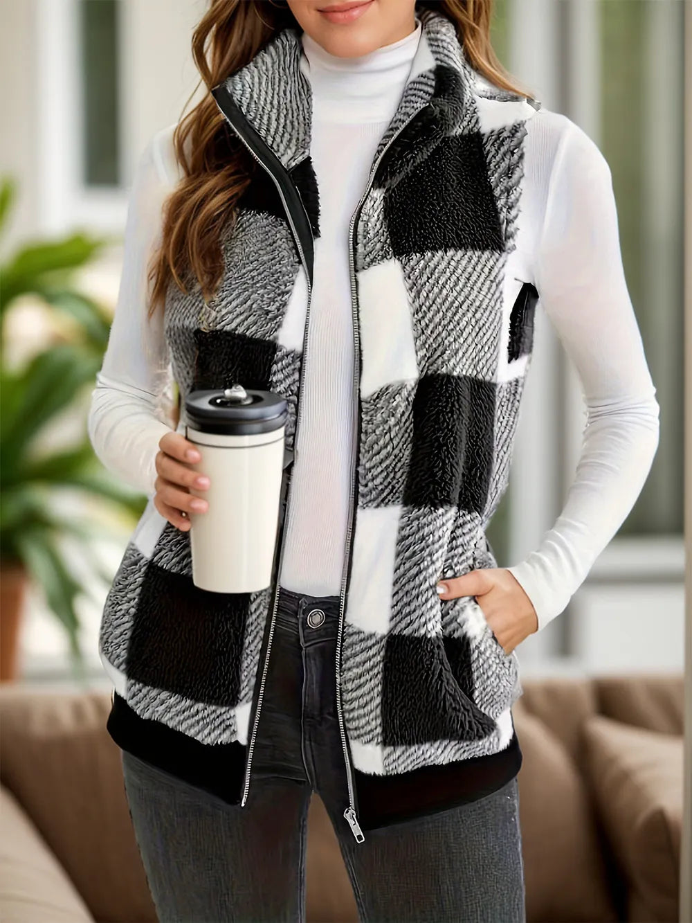 pocketed plaid zip up vest coat – | dropsona 100% polyester - neutral - close-up detail