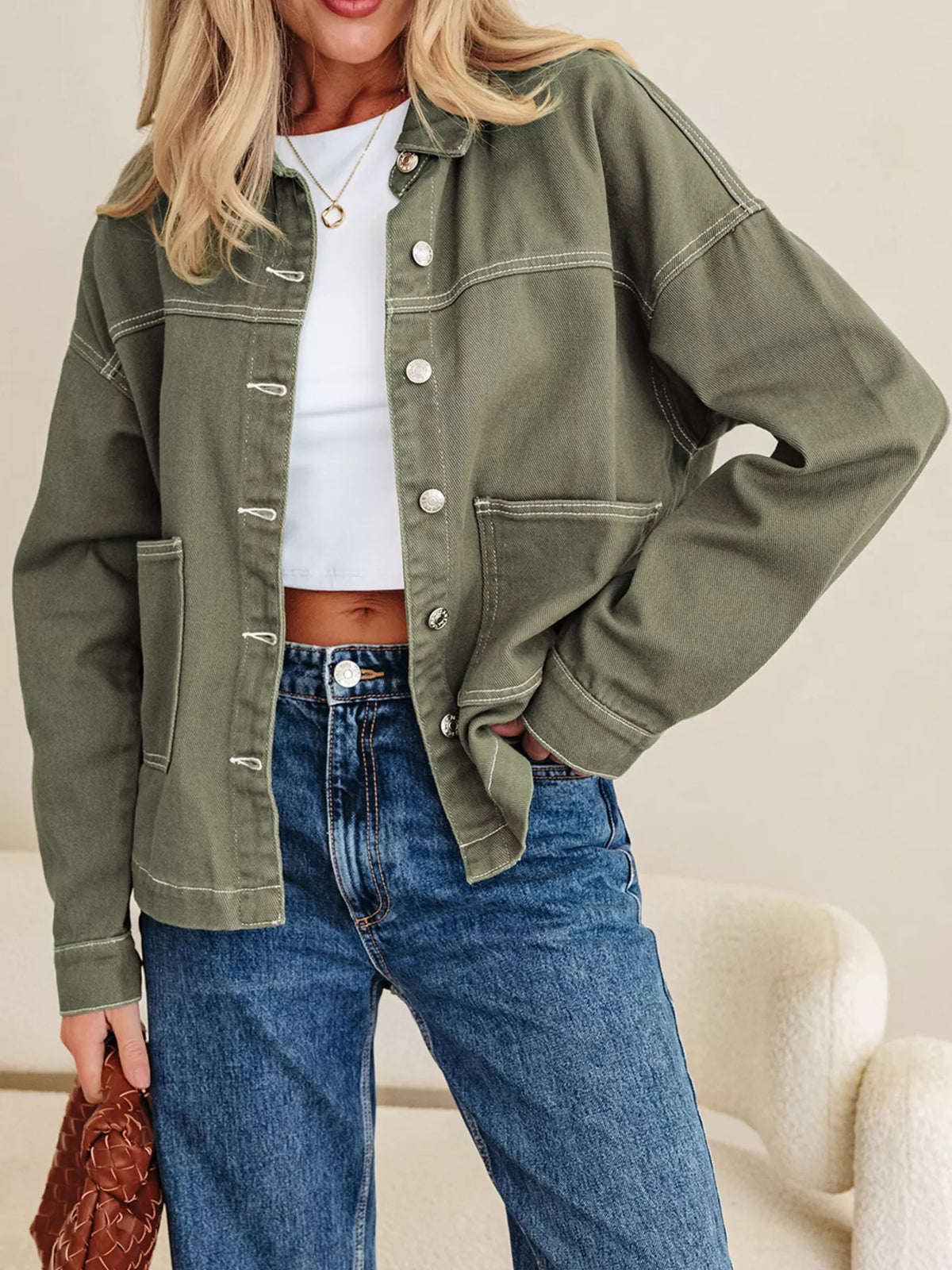 patched pocket collared button front boyfriend denim jacket - everyday wear