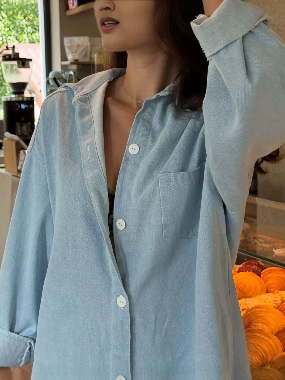 oversized washed denim shirt top | dropsona - neutral - close-up detail