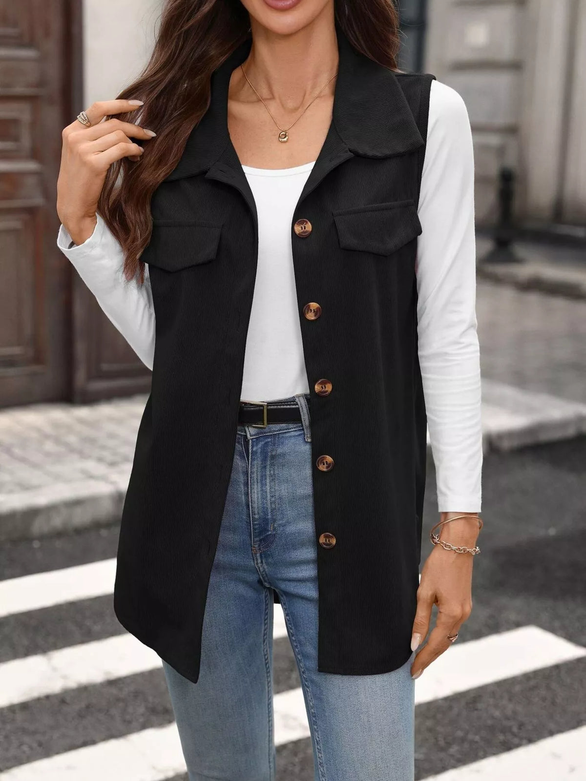 button-down utility vest coat | dropsona - neutral - close-up detail