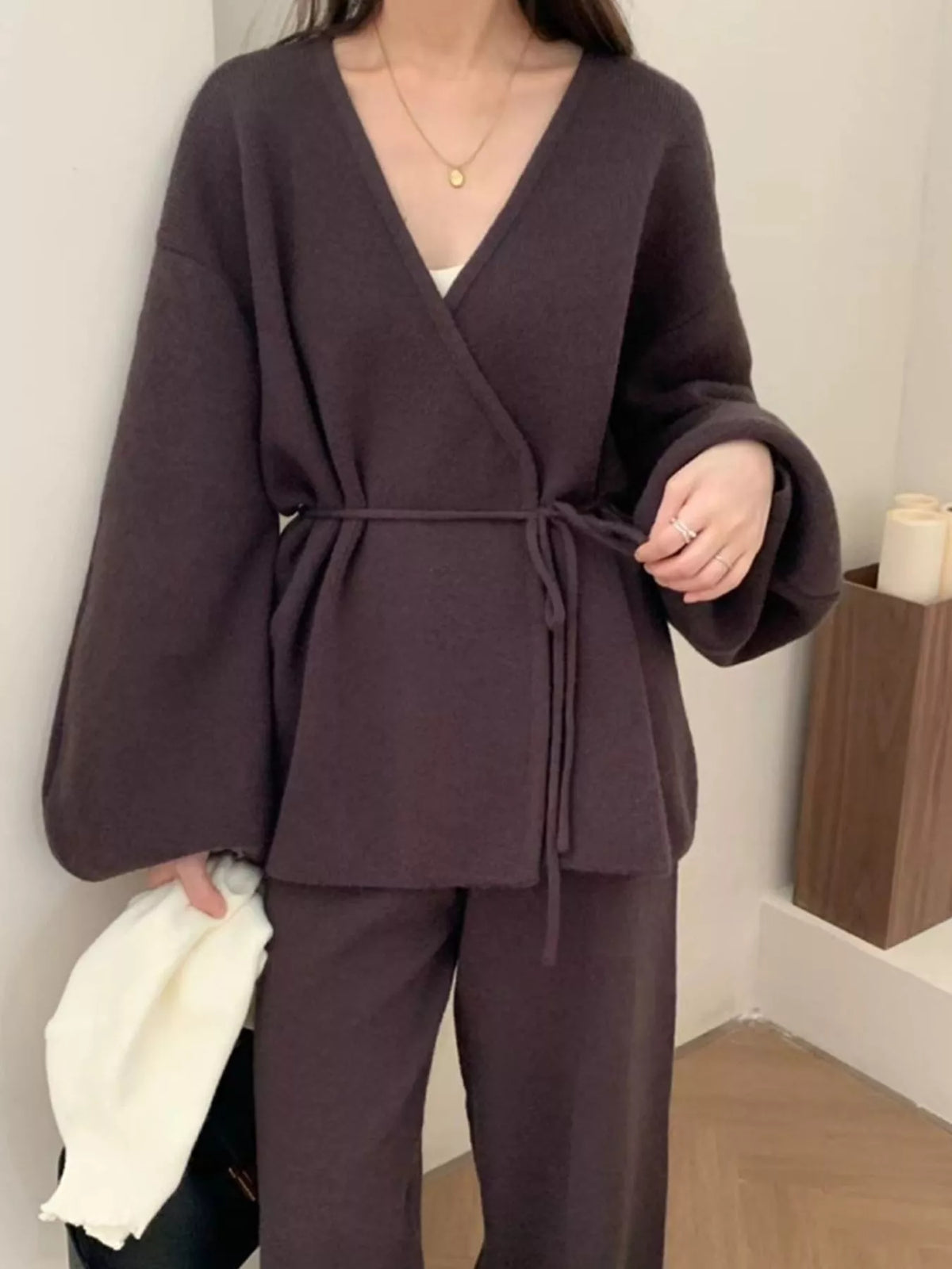 v-neck tied wrap cardigan and wide-leg pants sweater | dropsona - neutral - material texture