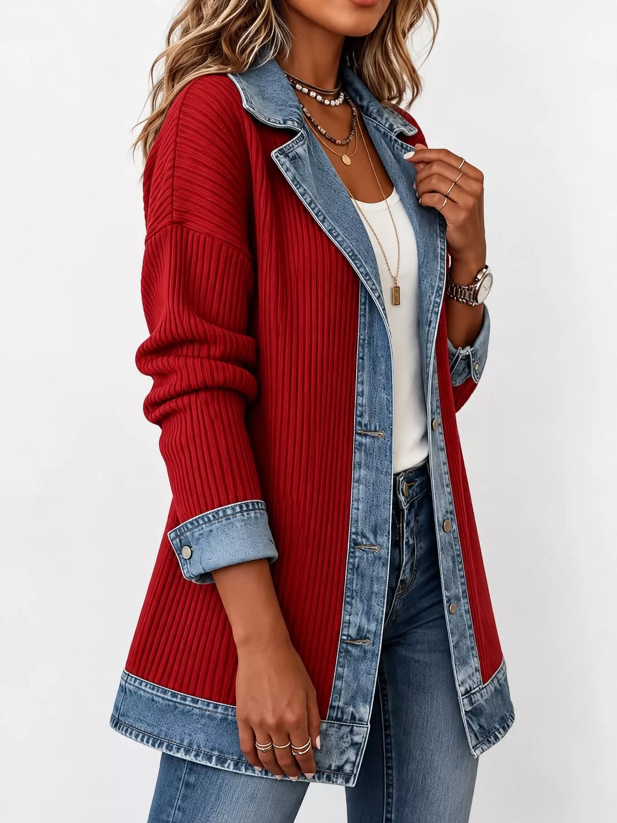 full size denim trim ribbed knit cardigan plus | dropsona - neutral - packaging