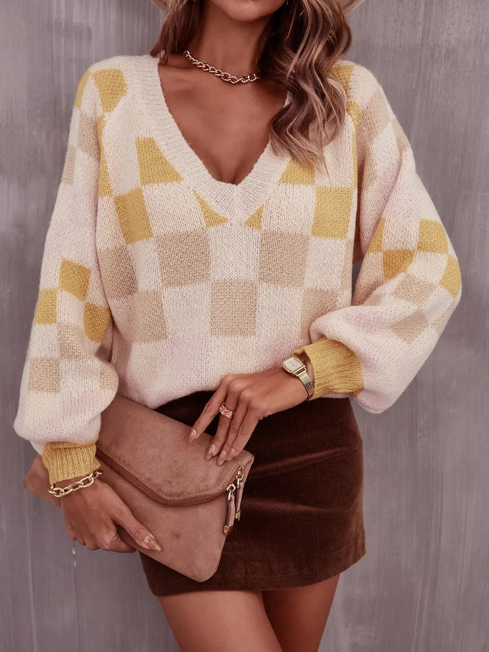 angel wings checkered v-neck lantern sleeve sweater | dropsona - neutral - close-up detail