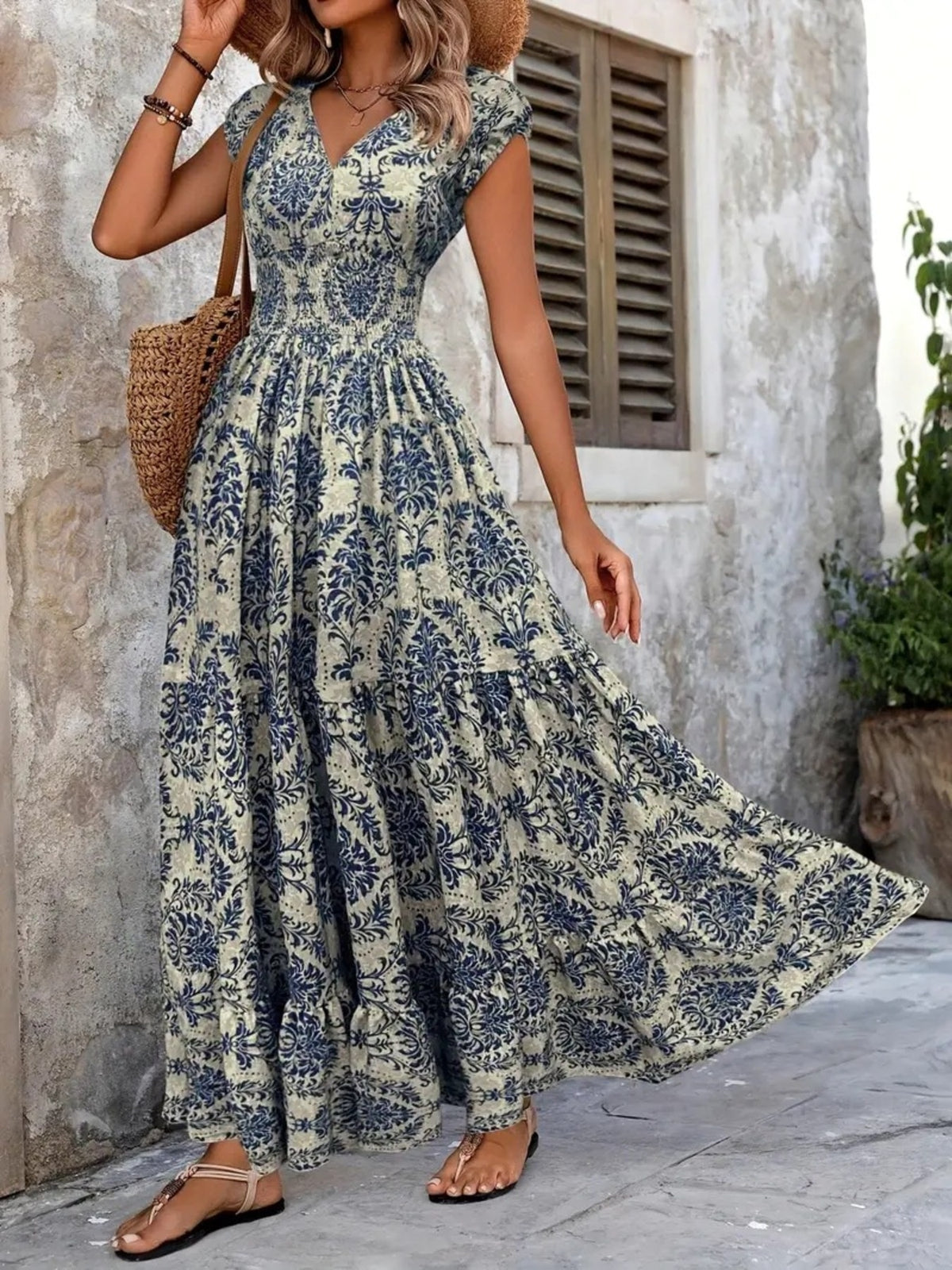 printed cap sleeve maxi dress – tiered,smocked | dropsona - neutral - close-up detail