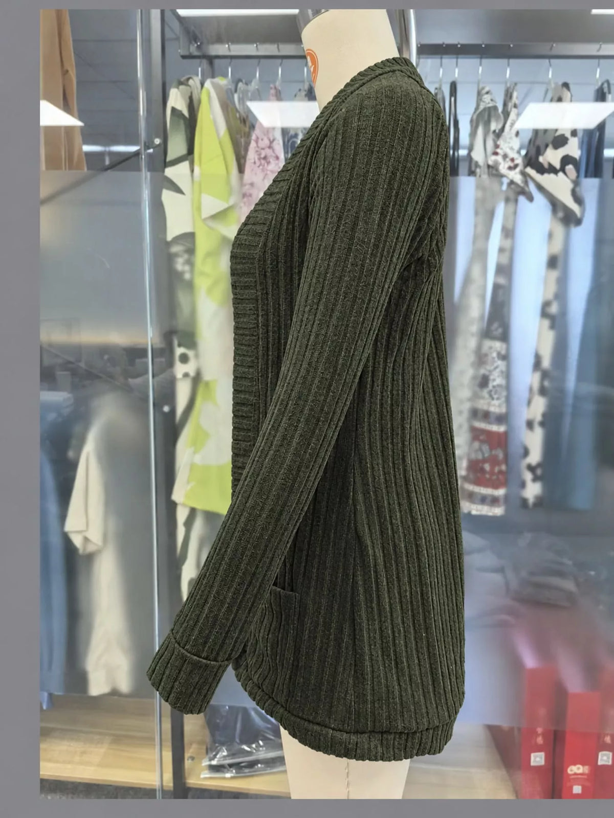 ribbed knit open front cardigan with pockets | dropsona - neutral - usage example