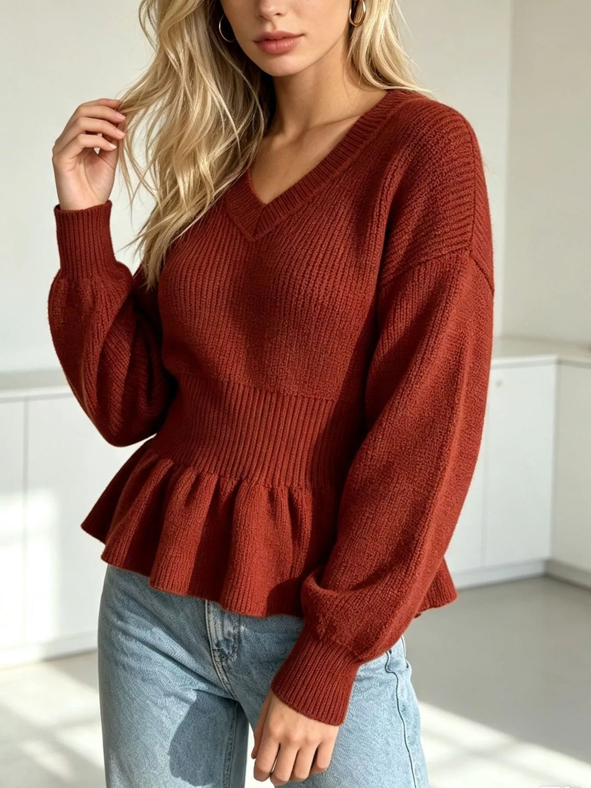 v-neck peplum hem ribbed knit top – | dropsona - neutral - material texture