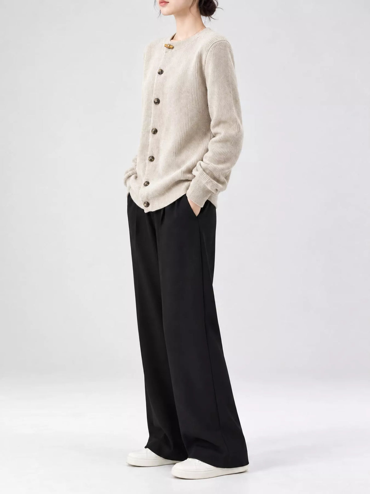 ribbed knit asymmetrical button cardigan | dropsona - neutral - usage example