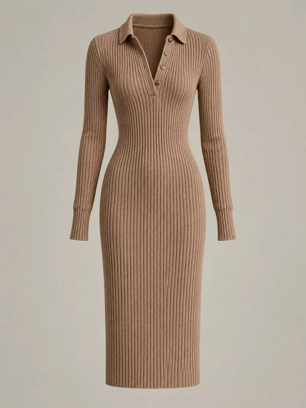 ribbed knit polo sweater dress – ribbed,buttoned fit | dropsona - neutral - close-up detail