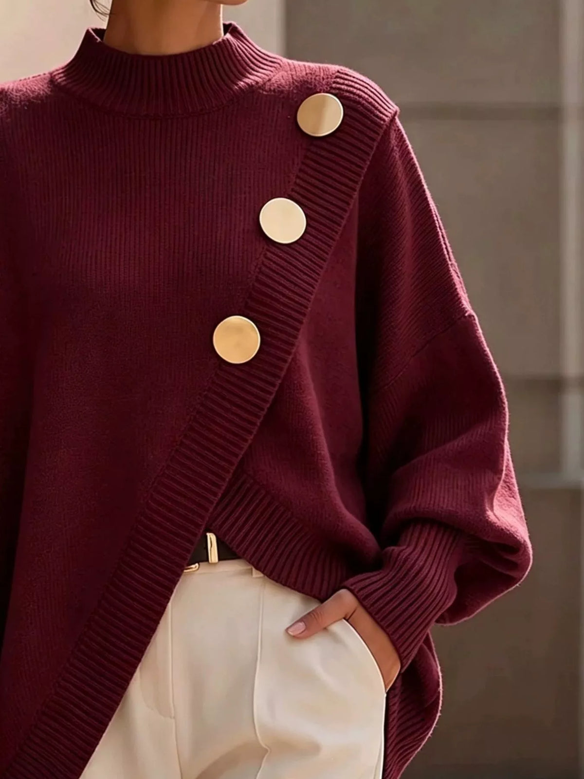 asymmetric button-decorated sweater | dropsona - neutral - material texture