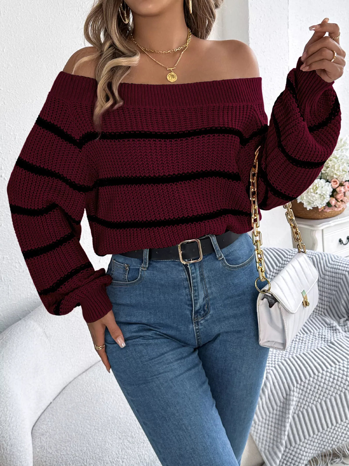 off-shoulder striped contrast sweater – basic style | dropsona - neutral - front view