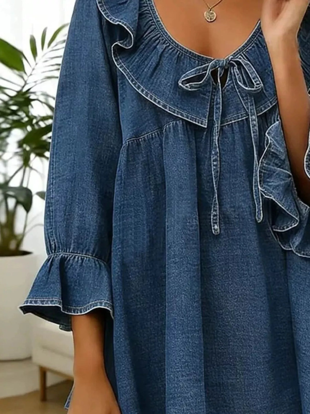full size ruffled v-neck denim top with tie-front | dropsona - neutral - close-up detail
