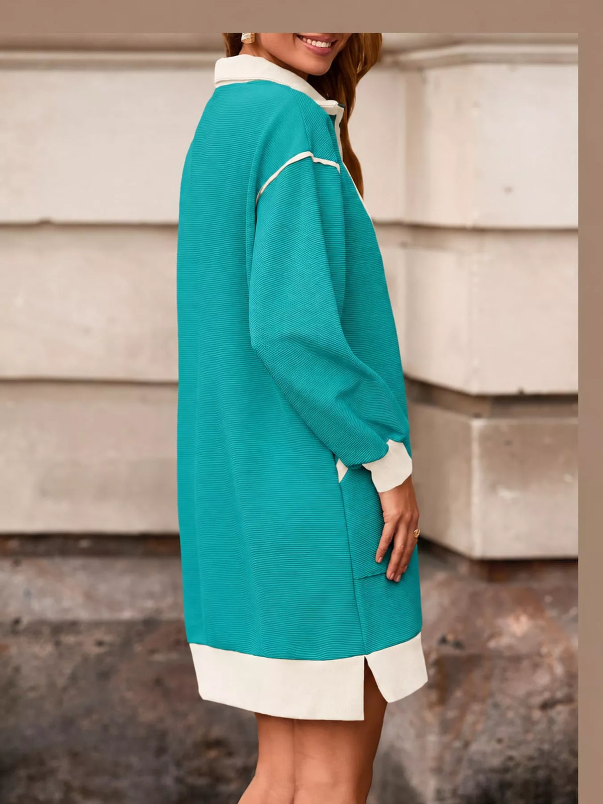 color block quarter-zip sweatshirt dress | dropsona - neutral - close-up detail