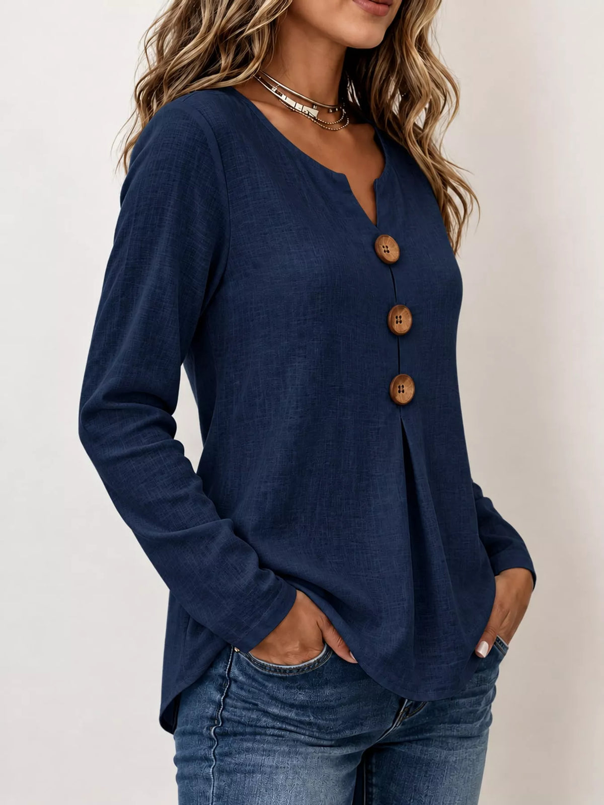 full size long sleeve blouse with decorative wooden | dropsona - neutral - front view