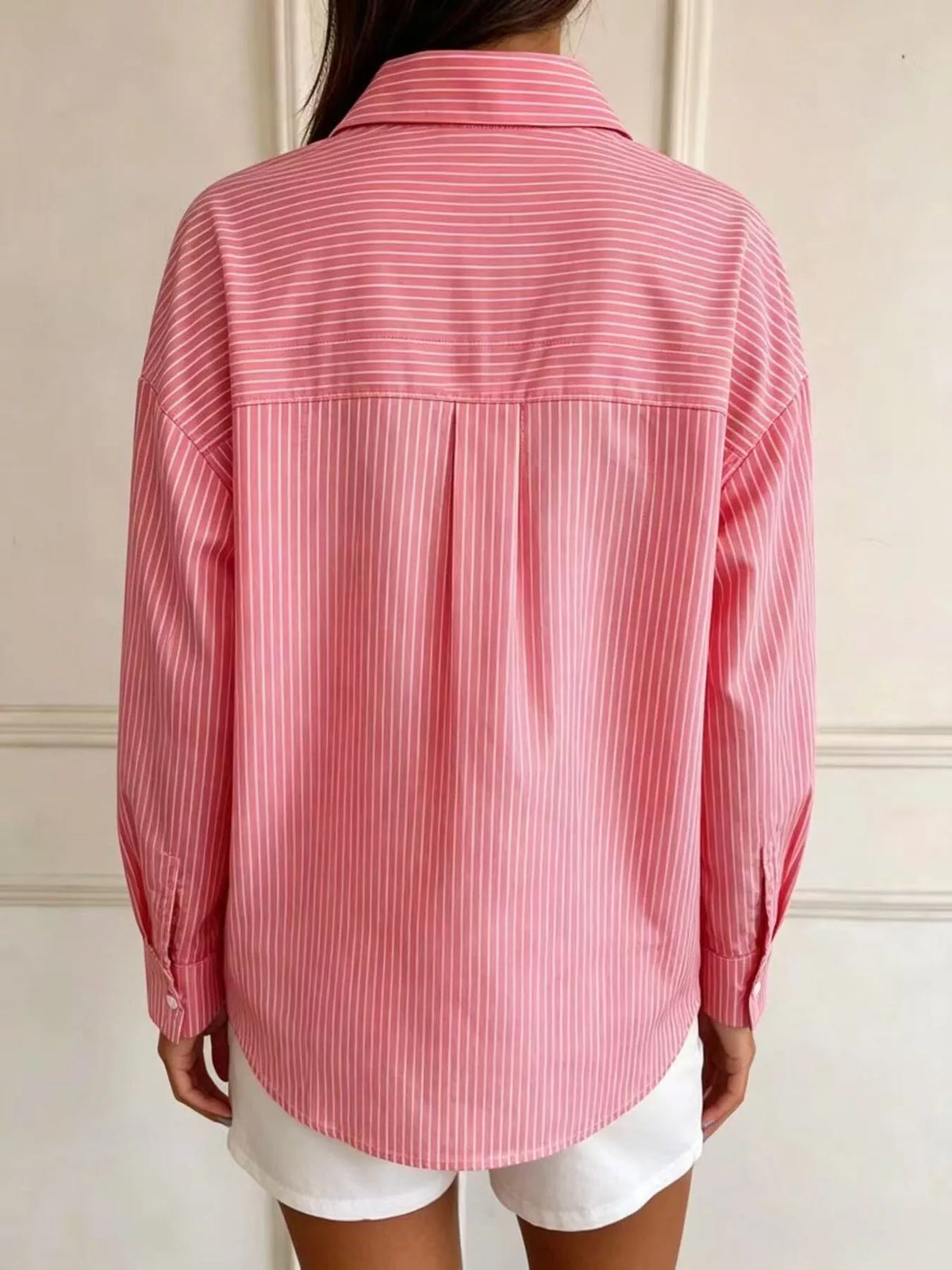 full size striped button-down long sleeve shirt plus | dropsona - neutral - close-up detail