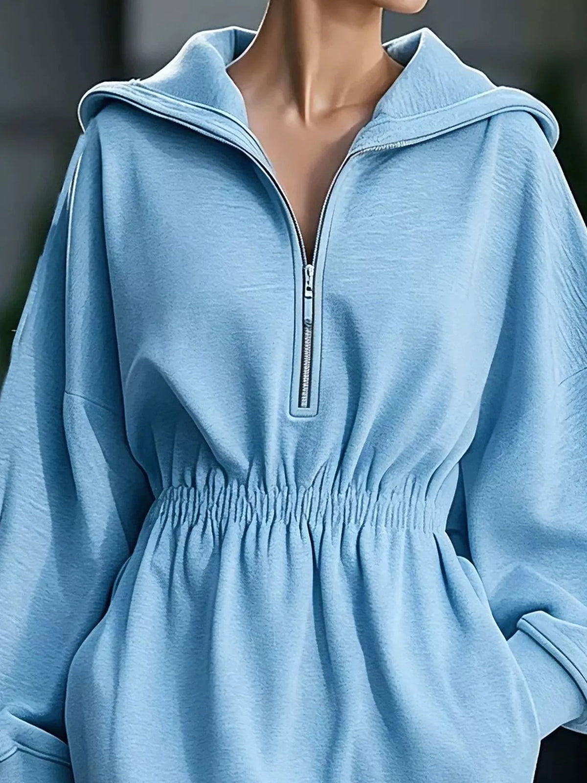 casual hooded quarter-zip sweatshirt dress | dropsona - neutral - size reference