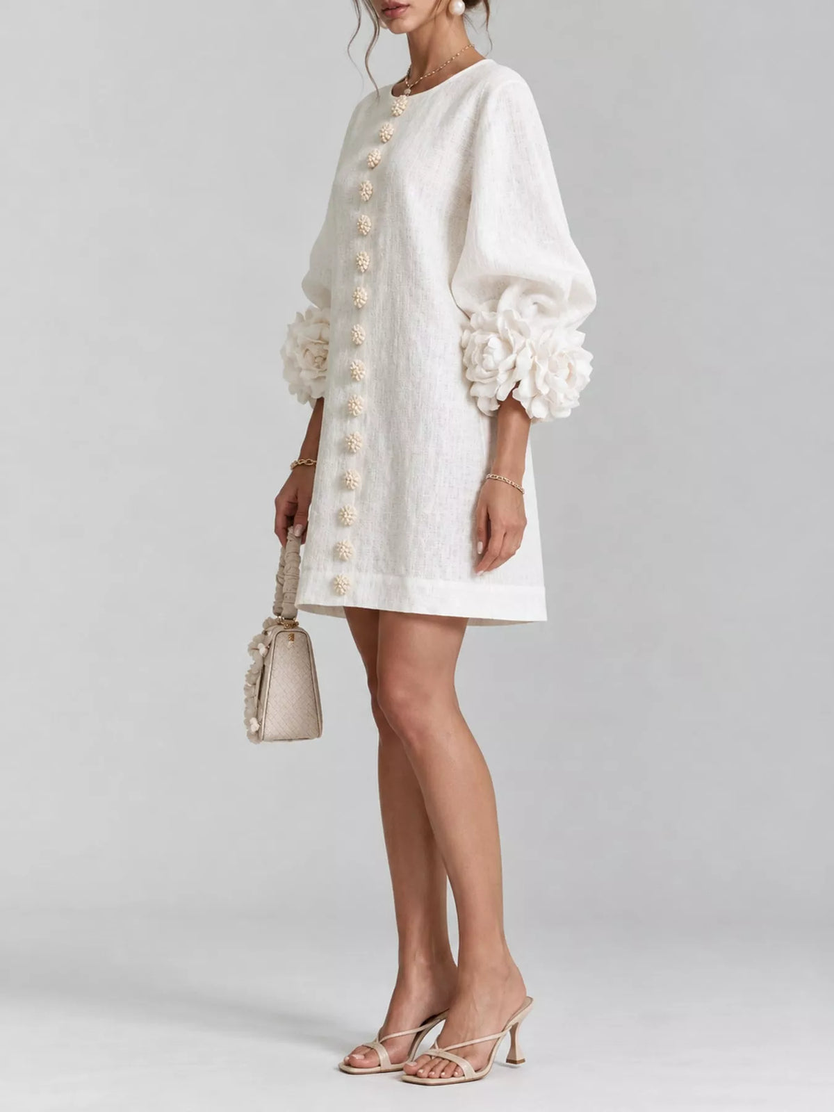 full size 3d floral sleeve accents mini dress plus | dropsona - neutral - front view